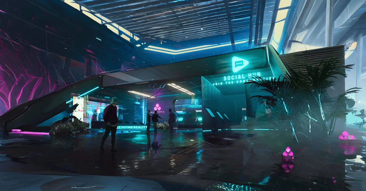 Interior of Bloktopia metaverse with avatars walking, futuristic purple-themed environment