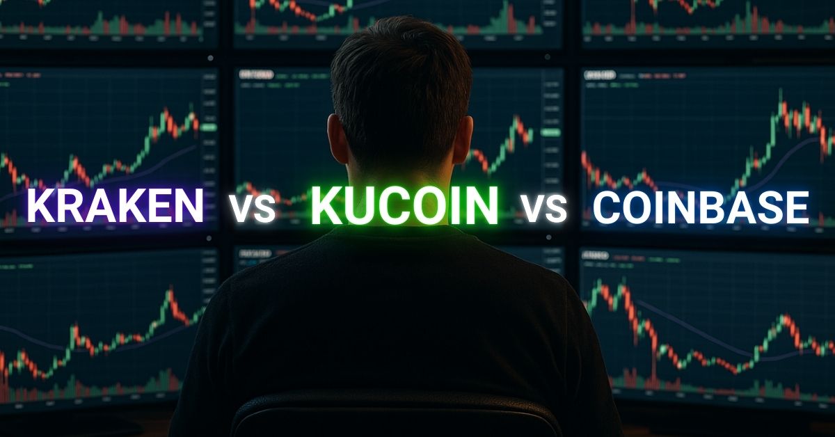 A man in front of screens showing crypto charts. The words Kraken, Kucoin and Coinbase