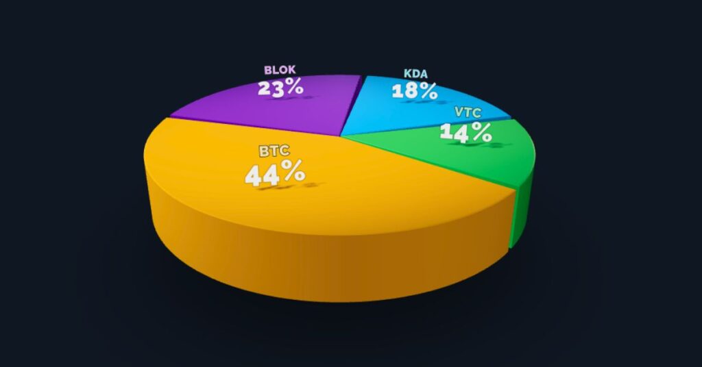 A crypto pie chart showing Bitcoin, Kadena, Vertcoin and Bloktopia holdings.