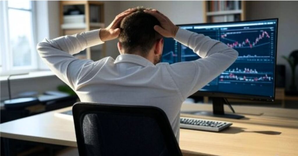A man grabbing his head, looking at crypto charts.