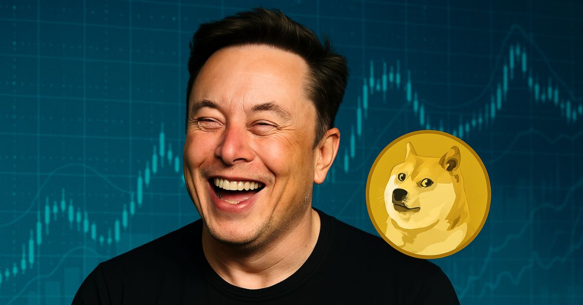 Elon Musk laughing next to crypto Dogecoin meme .