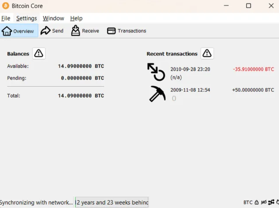Bitcoin Core showing BTC balance in 2010.