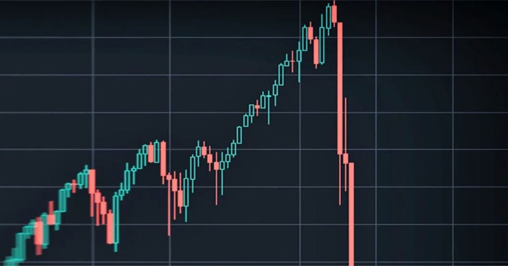 : A candlestick chart displaying a pump and dump price action for a memecoin, with a sharp green spike followed by a steep red decline, on a dark background.
