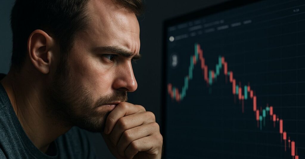 An angry man staring at a crypto chart after making trading mistakes.