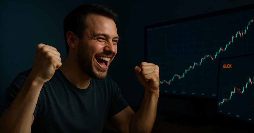 A man celebrating his crypto wins.