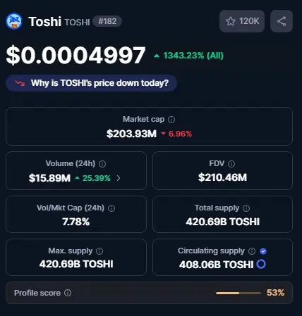 TOSHI on CoinMarketCap Small-Cap Memecoins